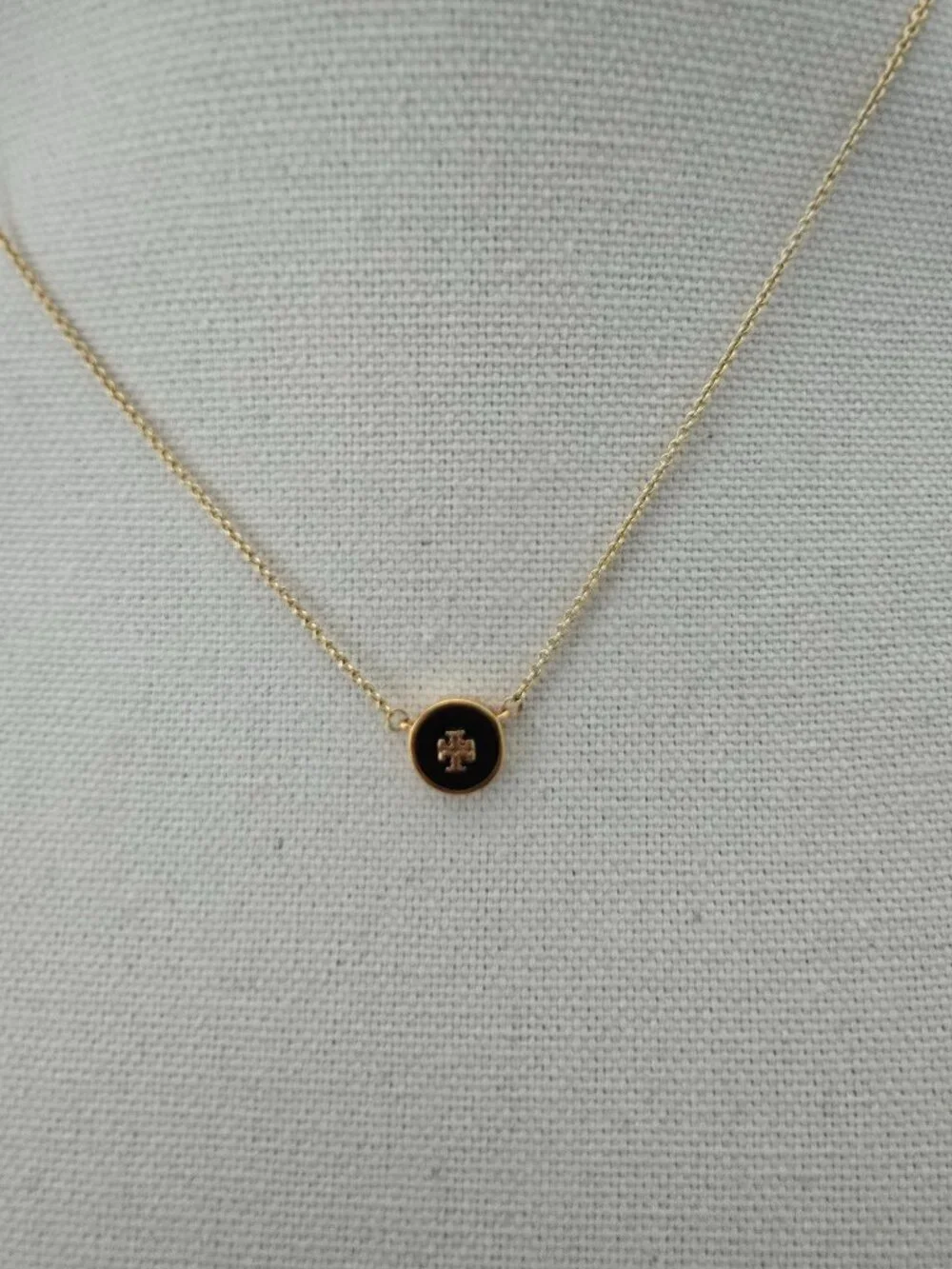 Tory Burch Gold Chain Necklace with Black Round Logo Pendant